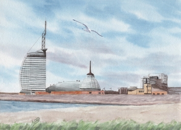 Postkarte DIN-A5  Aquarell Kunst Druck Kunstdruck Bremerhaven Strandansicht Atlantic Hotel und Klimahaus - BHV5